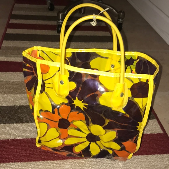 Vintage Handbags - Vintage Floral Plastic Mini Tote Yellow Purple 😘